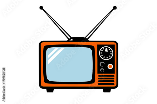 A retro orange television set illustration with a light blue screen and a black control panel featuring a dial and a red button, set against a solid black background.