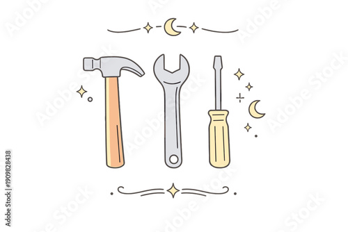 A minimalist illustration of a hammer, a wrench, and a screwdriver arranged vertically on a black background, decorated with celestial elements like stars and crescent moons.