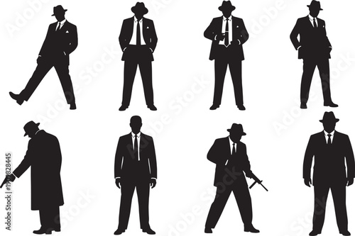 Silhouettes of men in suits and fedoras with guns in various poses
