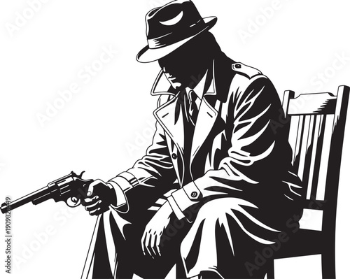Silhouette of a man in a fedora and trench coat holding a revolver while seated on a wooden chair