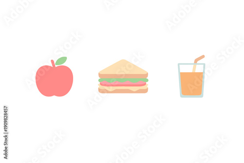 A minimalist flat illustration featuring a red apple, a sandwich with lettuce and ham, and a glass of orange juice with a straw, all set against a solid black background.