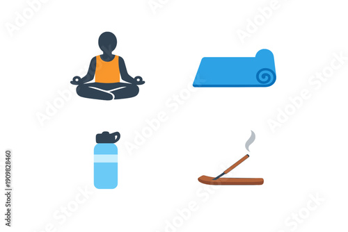 A collection of four yoga and meditation icons featuring a person in lotus pose, a blue rolled mat, a water bottle, and a burning incense stick on a black background.