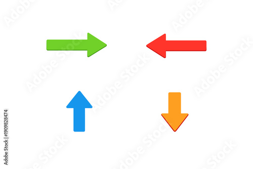 A set of four vibrant arrows in green, red, blue, and orange pointing right, left, up, and down on a dark background with faint vertical lines. Ideal for navigation concepts.