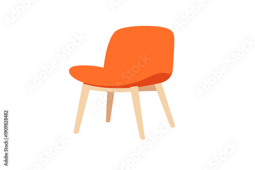 A modern orange armchair with light wooden legs is isolated on a black background. This minimalist furniture illustration features a curved seat and backrest for a contemporary look.