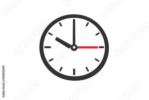 A minimalist analog clock icon with a dark gray frame and white hour markers on a black background. The clock features black hands and a single red second hand pointing to three.