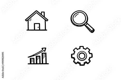 A collection of four minimalist white line icons on a black background, featuring a house, a magnifying glass, a bar chart with an upward arrow, and a mechanical gear symbol.
