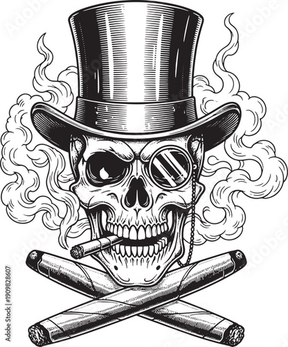 Skull wearing hat and monocle smoking cigar with crossed cigars and smoke