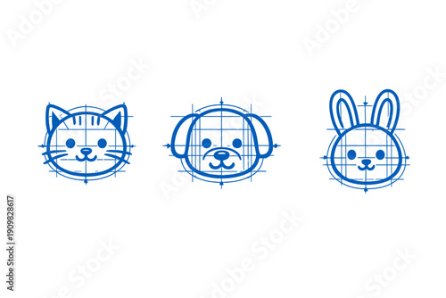 A blue blueprint illustration featuring three stylized animal faces: a cat, a dog, and a rabbit. The design includes technical grid lines and measurement arrows on a black background.