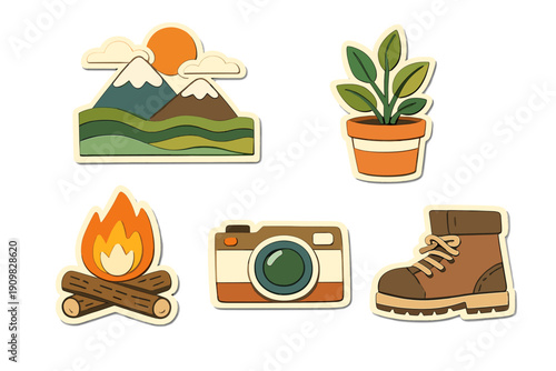 This set of five illustrated stickers includes a mountain landscape with a sun, a green potted plant, a burning campfire, a retro camera, and a brown hiking boot on a black background.