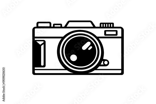 A minimalist black and white line art illustration of a classic film camera icon. The graphic features simple outlines and geometric shapes on a solid black background.