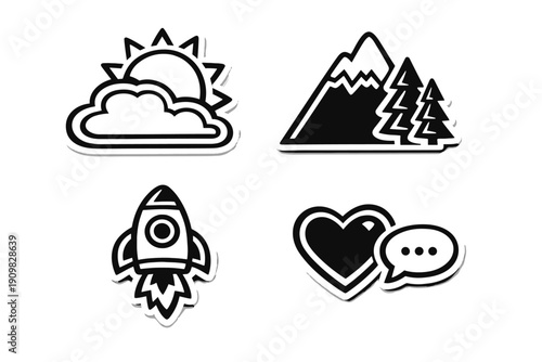 A collection of four minimalist black and white stickers featuring a sun behind a cloud, a mountain with pine trees, a rocket ship taking off, and a heart with a speech bubble.