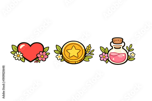 Three stylized game icons featuring a red heart, a gold star coin, and a pink potion bottle, each decorated with green leaves and small flowers against a solid black background.