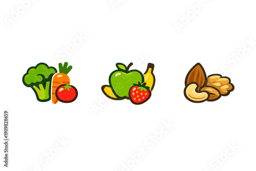 Three sets of colorful cartoon food icons featuring vegetables like broccoli and carrot, fruits like apple and strawberry, and nuts like almond and cashew on a black background.