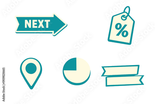 A collection of five flat design icons in teal and cream colors, including a next arrow, a discount tag, a location pin, a pie chart, and a double ribbon banner on a black background.