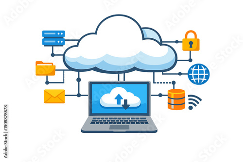 A flat illustration representing cloud computing technology with a laptop connected to various icons like servers, folders, email, security locks, and databases on a dark background.