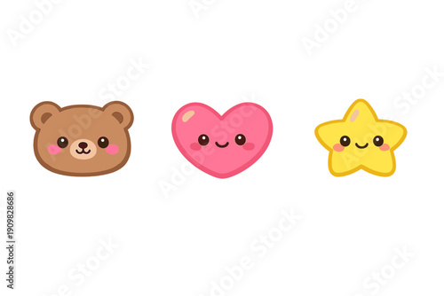 A collection of three cute kawaii characters featuring a brown bear head, a pink heart, and a yellow star, all with smiling faces and pink cheeks set against a solid black background.
