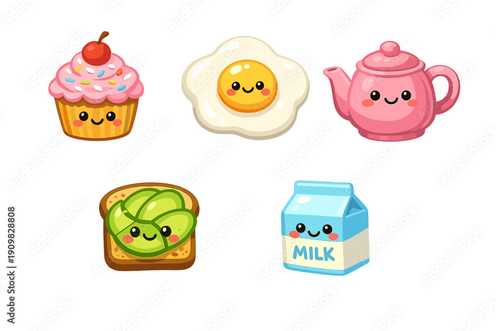 Fototapeta premium A collection of five cute cartoon food characters including a cupcake, fried egg, pink teapot, avocado toast, and a milk carton, all featuring happy smiling faces on a black background.