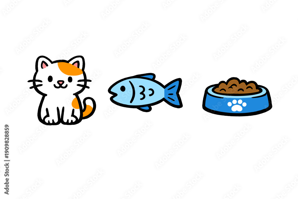 Obraz premium A cute cartoon cat with orange patches sits next to a blue fish and a blue pet food bowl filled with kibble. The simple flat illustration is set against a solid black background.