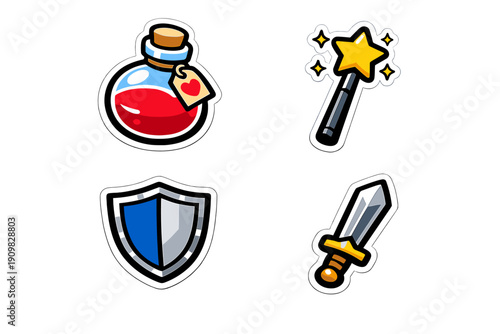 A collection of four fantasy game icons featuring a red potion bottle, a magic wand with a star, a blue and silver shield, and a short sword, all designed in a cartoon sticker style.