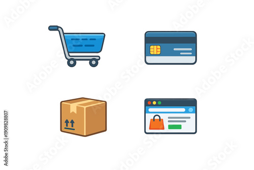 This collection features four stylized icons for digital commerce: a shopping cart, a credit card, a shipping box, and a website interface with a shopping bag on a black background.