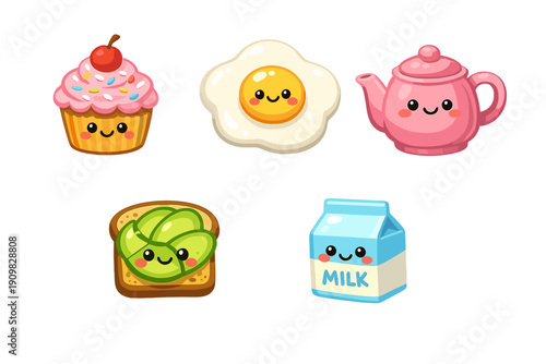 A collection of five cute cartoon food characters including a cupcake, fried egg, pink teapot, avocado toast, and a milk carton, all featuring happy smiling faces on a black background.
