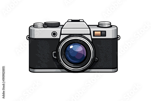A stylized illustration of a vintage film camera with a silver body and black textured grip, featuring a large glass lens with blue reflections on a solid black background.