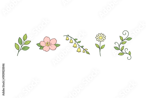 A collection of five simple botanical illustrations featuring green leaves, a pink blossom, yellow bell flowers, a white daisy, and a decorative vine set against a black background.