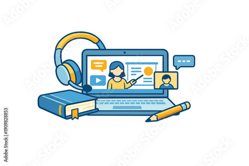 This flat vector illustration shows online education concepts with a laptop, headphones, a book, and a pencil. A teacher is shown on the screen giving a digital presentation.