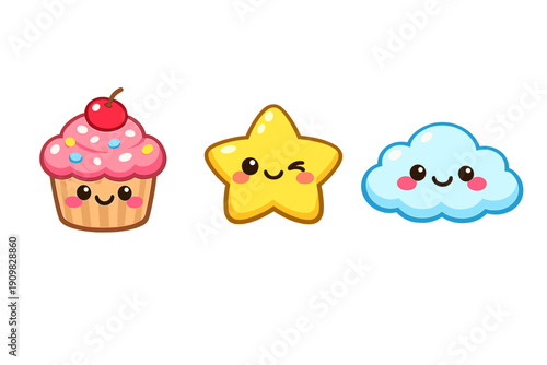 Three cute cartoon characters including a pink cupcake with a cherry, a winking yellow star, and a smiling blue cloud are displayed against a solid black background in a kawaii style.