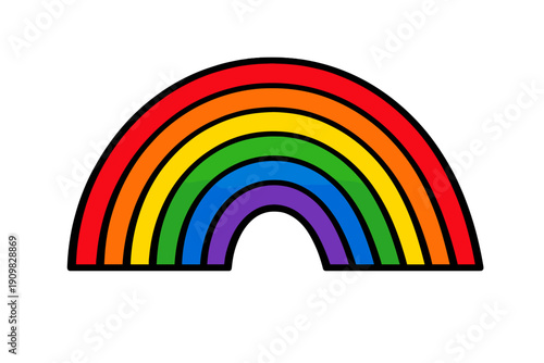A colorful six-banded rainbow illustration featuring red, orange, yellow, green, blue, and purple arches. The graphic is set against a solid black background with a thin black outline.