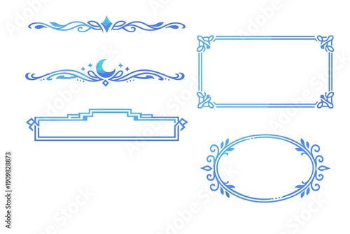 A collection of five decorative blue and cyan graphic elements on a black background, including ornate frames and celestial dividers with moon and star motifs for elegant design projects.