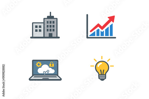 A set of four flat vector icons on a black background representing business growth, office buildings, cloud computing security, and creative ideas with a glowing light bulb.