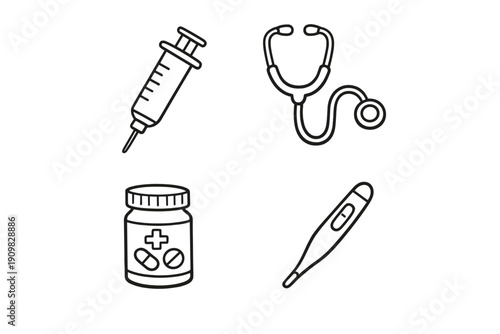 A set of four medical icons featuring a syringe, stethoscope, medicine bottle with pills, and a digital thermometer. The icons are drawn in a minimalist white line art style on a black background.