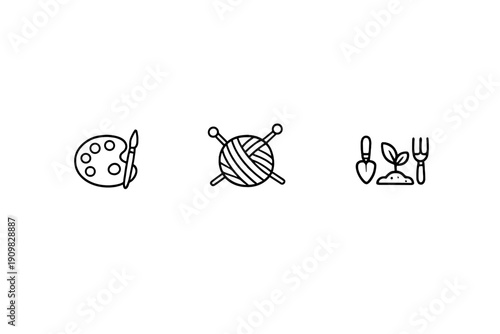 A collection of three minimalist white line icons on a black background representing various hobbies including painting with a palette, knitting with yarn, and gardening with tools.