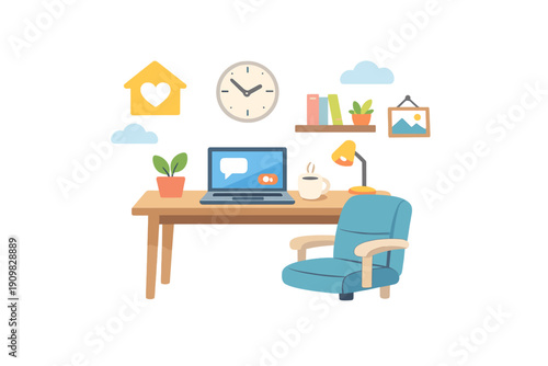 A flat illustration of a cozy home office workspace featuring a wooden desk with a laptop, a blue armchair, a desk lamp, a coffee mug, and various decorative wall elements.