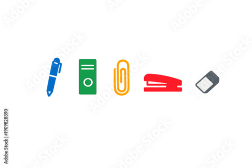 A collection of colorful office supply icons including a blue pen, green binder, orange paperclip, red stapler, and grey eraser, all arranged horizontally on a solid black background.