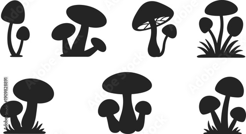 Set of mushroom silhouettes, wild fungus and forest toadstool vector illustrations in various shapes for nature designs, organic patterns, and autumn seasonal graphics.