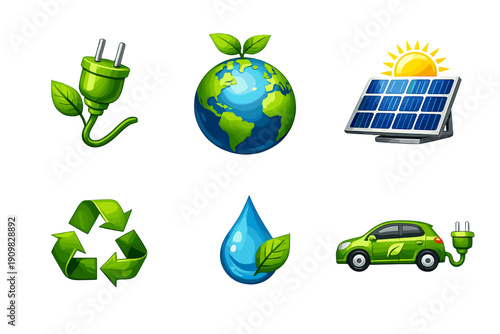 A collection of six glossy environmental icons including a green electric plug, the Earth with leaves, a solar panel, a recycling symbol, a water drop, and an electric car.