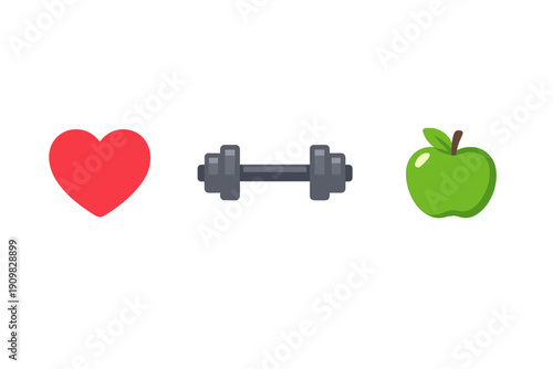 A red heart, a grey dumbbell, and a green apple are arranged in a row against a solid black background. These symbols represent cardiovascular health, physical exercise, and nutrition.
