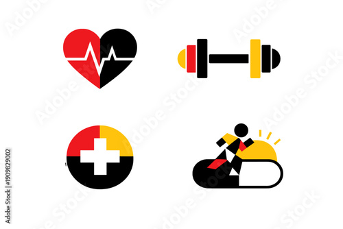 A set of four minimalist health and fitness icons featuring a heart with a pulse line, a dumbbell, a medical cross symbol, and a person cycling against a black background.