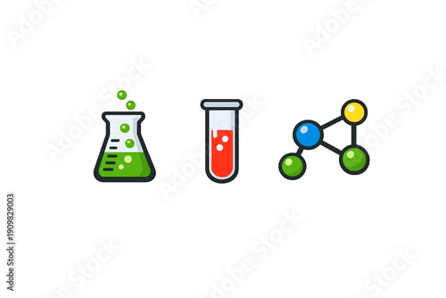 Three colorful science icons including a green conical flask, a red test tube, and a molecular structure model are displayed against a solid black background in a flat style.
