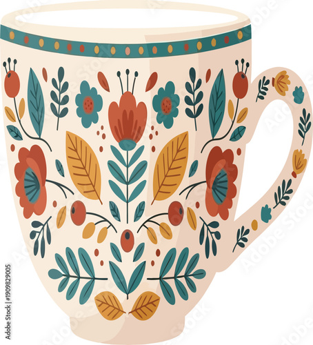 Vibrant floral ceramic mug with colorful leaves and flowers