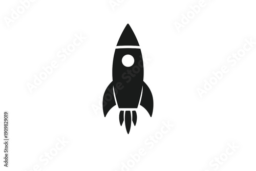 A dark silhouette of a rocket ship with a circular window and exhaust flames is centered against a black background. This minimalist illustration represents space travel and exploration.