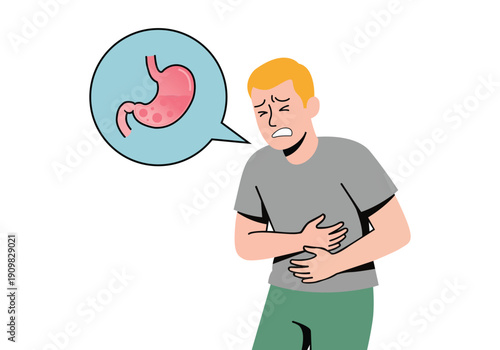 Stomach ache character suffering from digestive pain with organ health bubble vector graphics