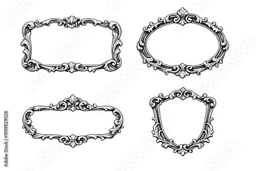 This collection features four decorative baroque frames with elegant filigree patterns and classical motifs, illustrated in a detailed monochrome style on a dark backdrop.