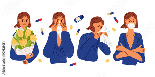 Series of character portraits with symptoms and treatment of seasonal flower allergy. Young female with tulip bouquet, sneezing, respirator mask, capsules. Flat design for spring wellness campaigns