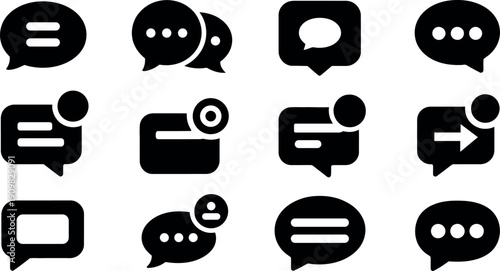 Collection of twelve different solid black speech bubble and chat icons isolated on a white background