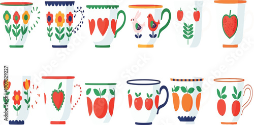 Vibrant illustration of colorful mugs with fruit and vegetable designs