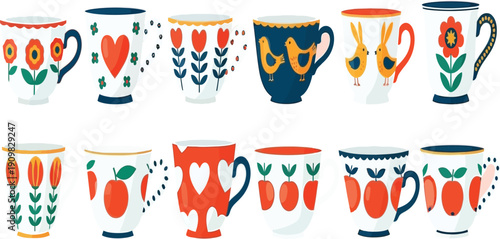 Vibrant collection of hand painted mugs with floral patterns