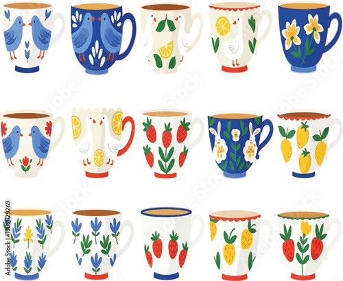 Collection of 12 colorful ceramic mugs with floral patterns